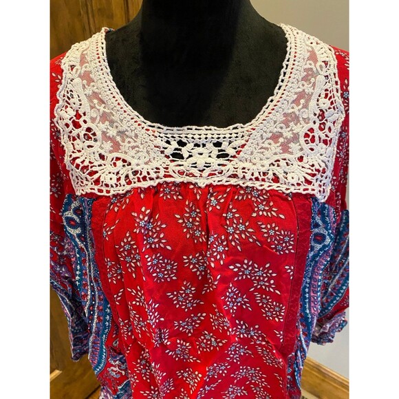 Bila Red Blue Paisley Boho Peasant Lacey Size Large Colorful Sheer Casual Top - Picture 4 of 12